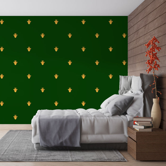 Papier peint jungle girafe | Motif doré sur fond vert