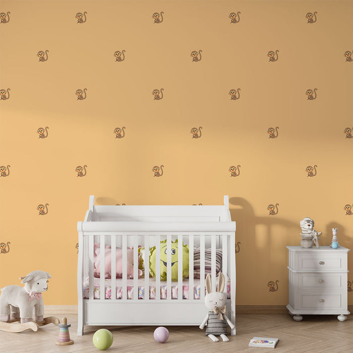 Papier peint jaune avec petits singes pour chambre bébé ludique et colorée