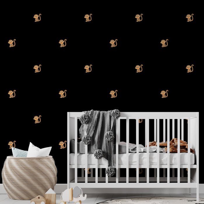 Papier peint noir avec petits singes marron pour chambre bébé moderne