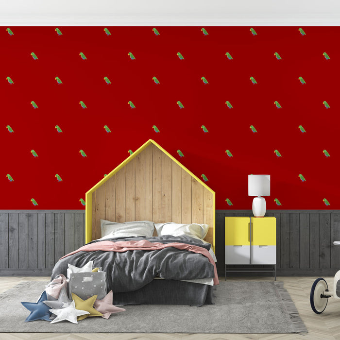 Papier peint rouge avec motifs de perroquets verts pour chambre d'enfant moderne