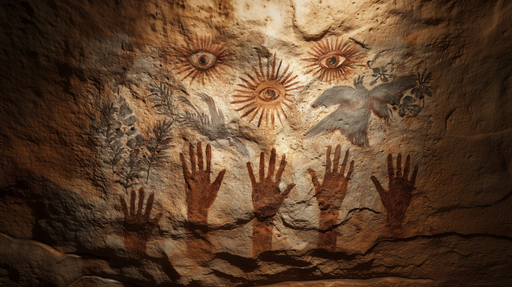 Papier peint préhistorique Motifs de mains et symboles anciens