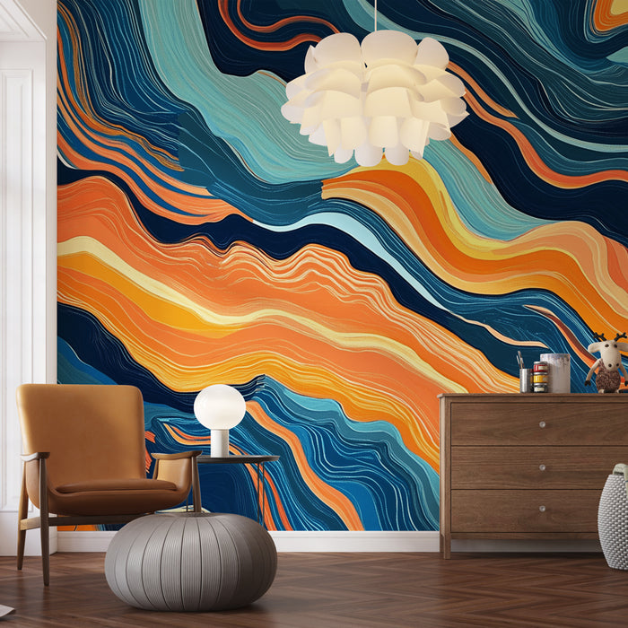 Papier peint abstrait multicolore avec motifs ondulés pour salon moderne