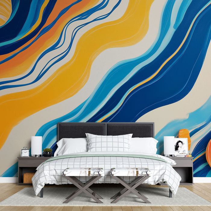 Papier peint abstrait bleu et orange avec motifs ondulés pour chambre moderne