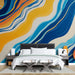 Papier peint abstrait bleu et orange avec motifs ondulés pour chambre moderne