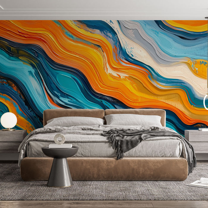 Papier peint abstrait multicolore avec vagues bleues et oranges pour chambre moderne