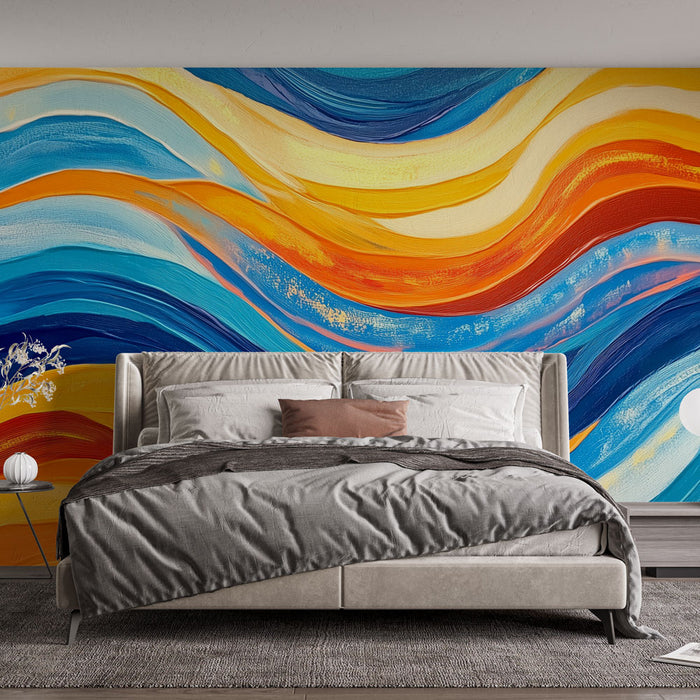 Papier peint mural abstrait avec vagues colorées bleu, orange et jaune pour chambre moderne
