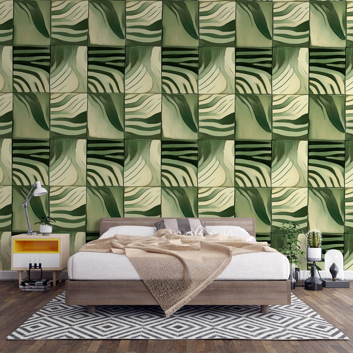 Papier peint géométrique | Motifs verts et beiges