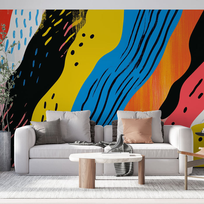 Papier peint mural abstrait multicolore avec motifs ondulés pour salon moderne et design