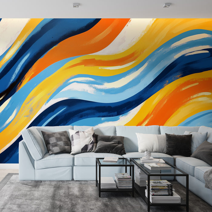 Papier peint mural abstrait avec vagues colorées bleu, orange et jaune pour salon moderne