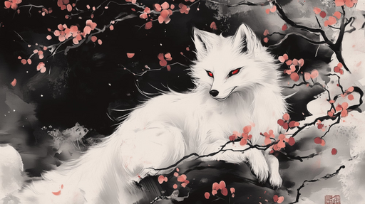 Papier peint renard blanc Art japonais traditionnel