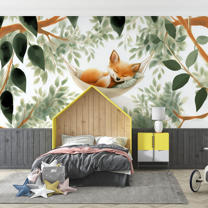 Papier peint renard endormi | Illustration douce et apaisante