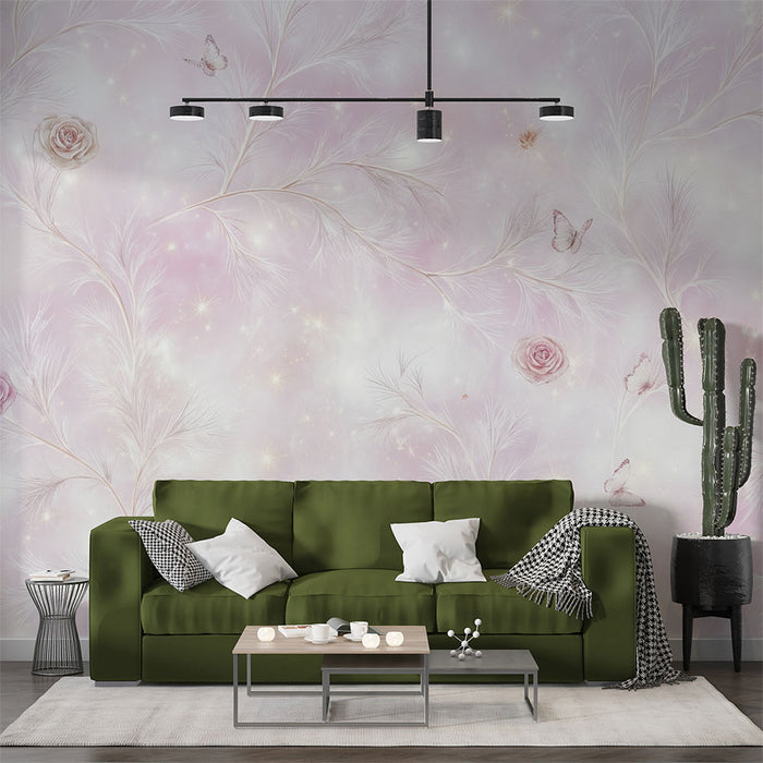 Papier peint floral | Roses délicates et papillons en pastel