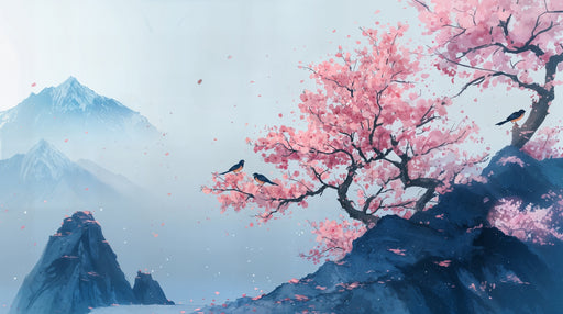 Papier peint Sakura Montagne et Fleurs de Cerisier