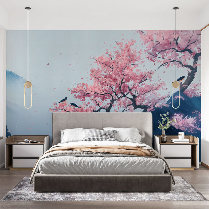 Papier peint Sakura | Montagne et Fleurs de Cerisier
