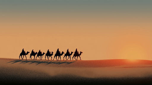 Papier peint désert Caravane de chameaux au coucher du soleil