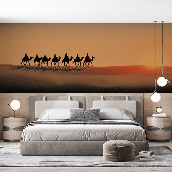 Papier peint désert | Caravane de chameaux au coucher du soleil