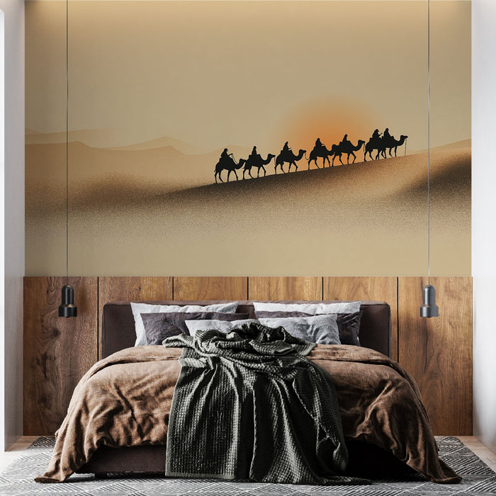 Papier peint désert | Caravane et chameaux au coucher du soleil