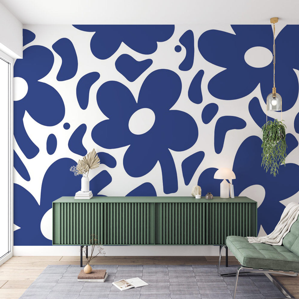 Papier peint fleurs | Motifs floraux bleu vif sur fond blanc ...