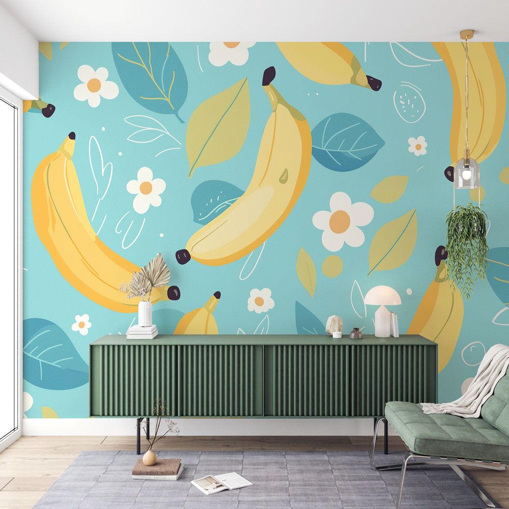 Papier peint banane Fleurs et fond bleu ciel — LePapierPeint