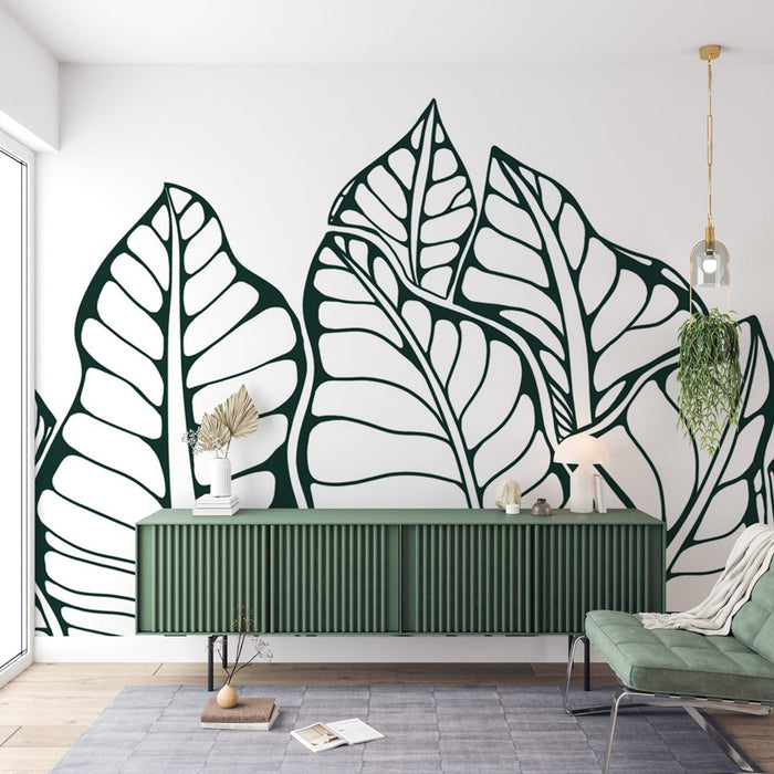 Papier peint feuilles tropicales | Motif de feuillage vert foncé sur fond blanc