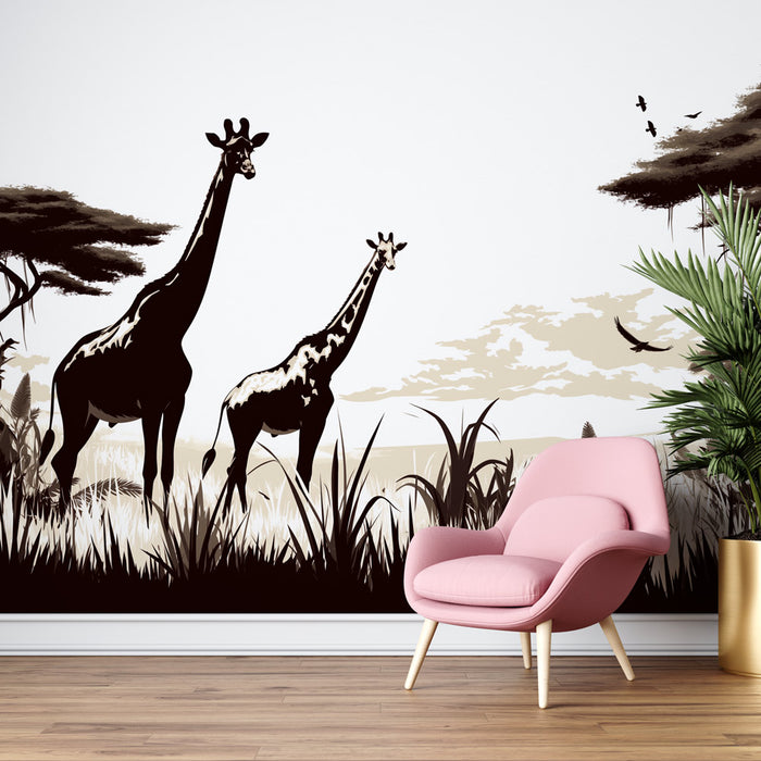 Papier peint girafe noir et blanc | Savane