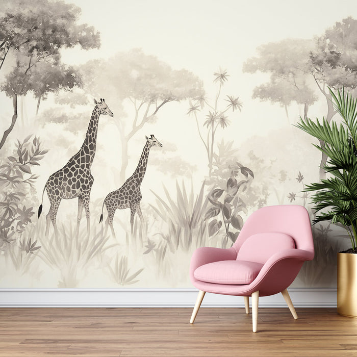 Papier peint girafe | Savane en noir et blanc