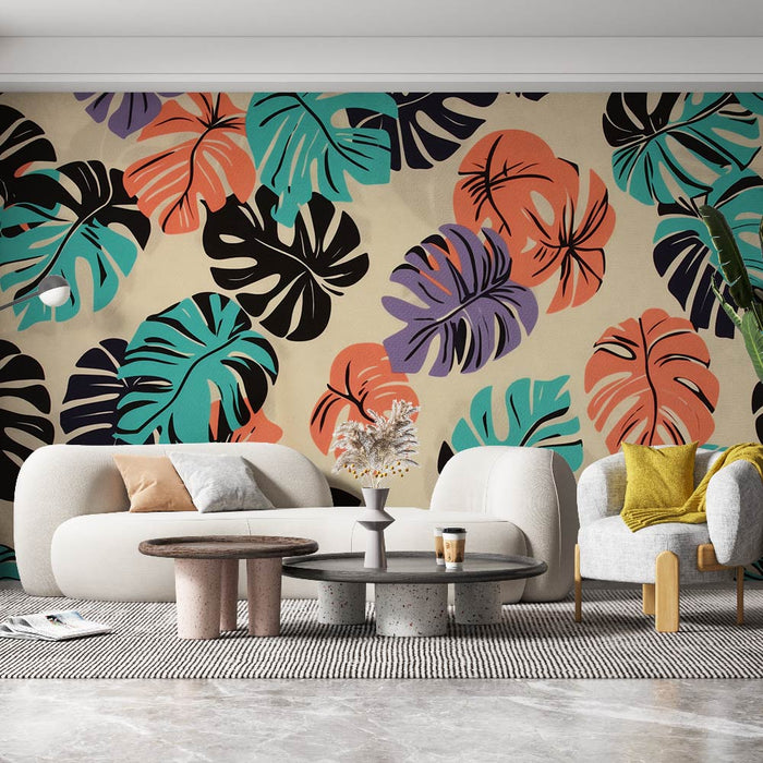 Papier peint tropical avec feuilles colorées pour salon moderne et élégant