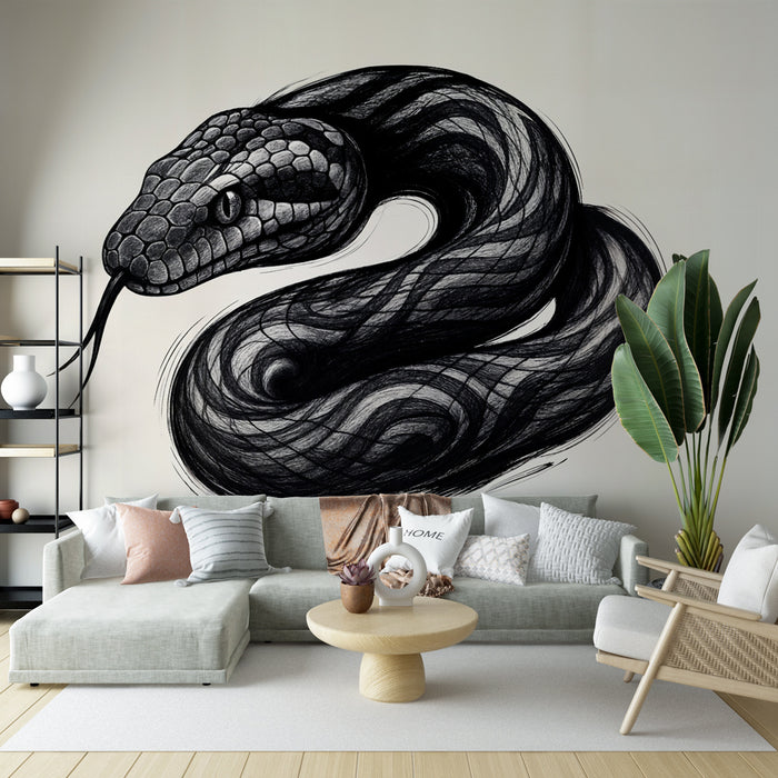 Papier peint serpent | Illustration artistique en noir et blanc
