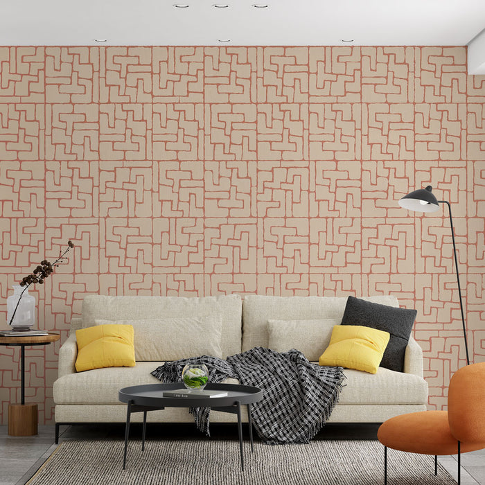 Papier peint géométrique | Motifs Labyrinthes Orange et Crème