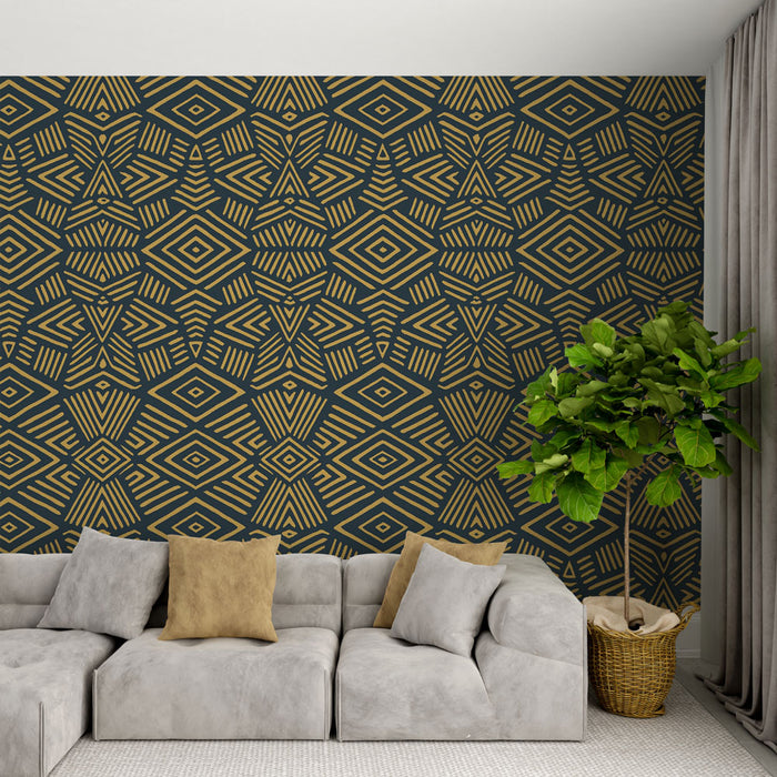 Papier peint géométrique | Motif doré sur fond noir