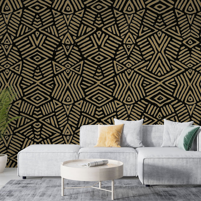 Papier peint géométrique | Motif ethnique noir et or