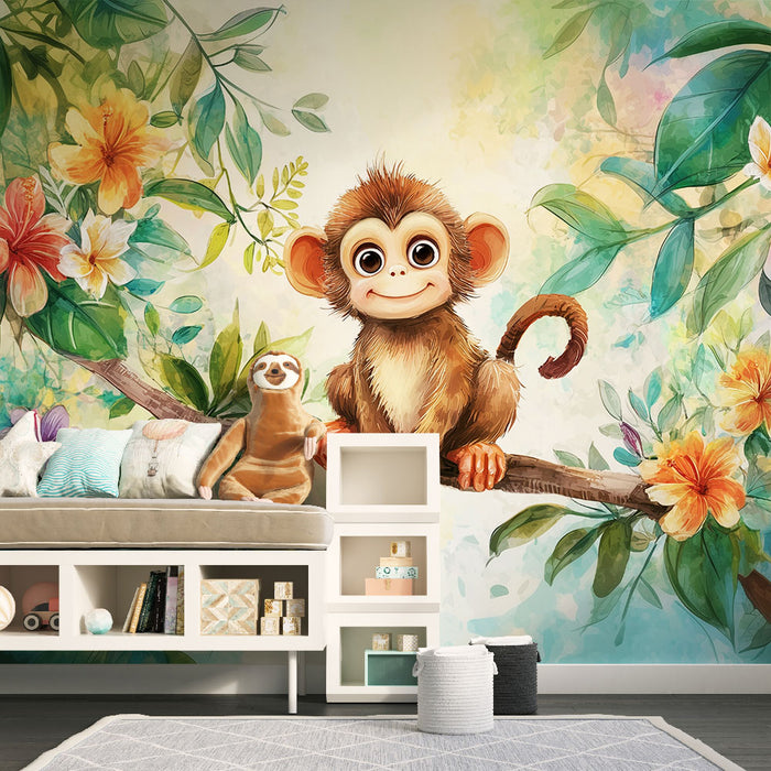 Papier peint singe | Jungle colorée et joyeuse