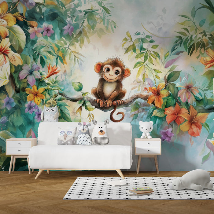 Papier peint singe tropical | Design ludique et coloré