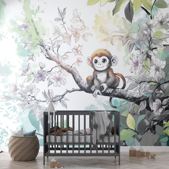 Papier peint singe adorable | Illustration jungle fleurie