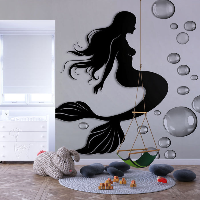 Papier peint sirène | Silhouette élégante et bulles
