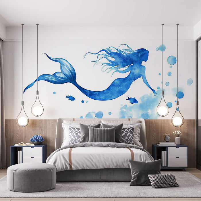 Papier peint sirène | Illustration aquatique en bleu