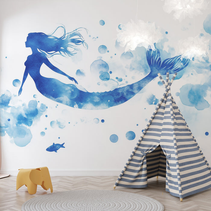 Papier peint sirène | Silhouette aquatique en bleu