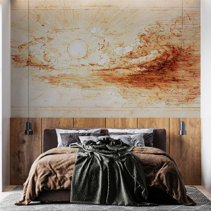 Papier peint soleil radieux | Esquisse vintage artistique