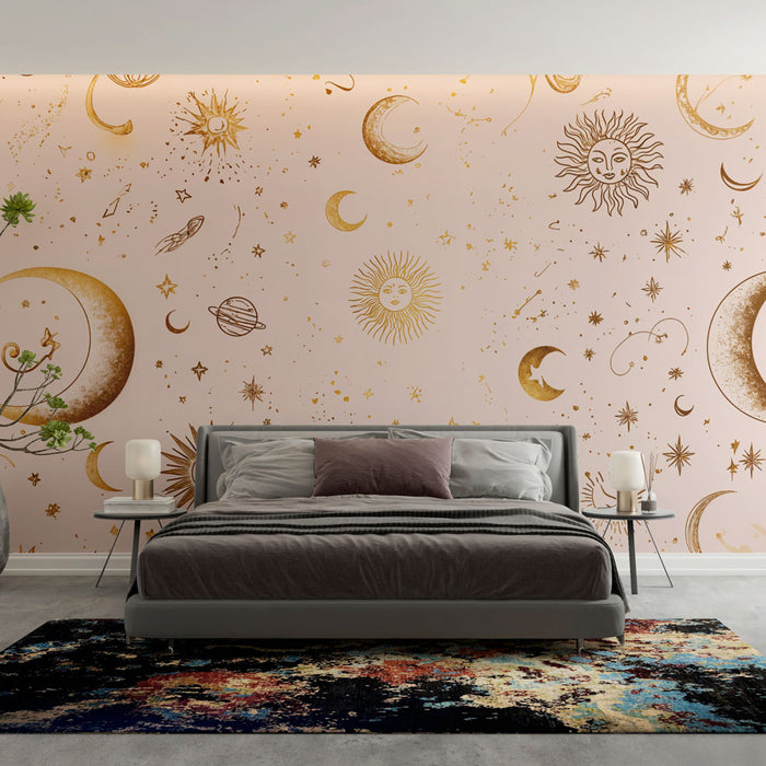 Papier peint céleste | Motifs astrales dorés