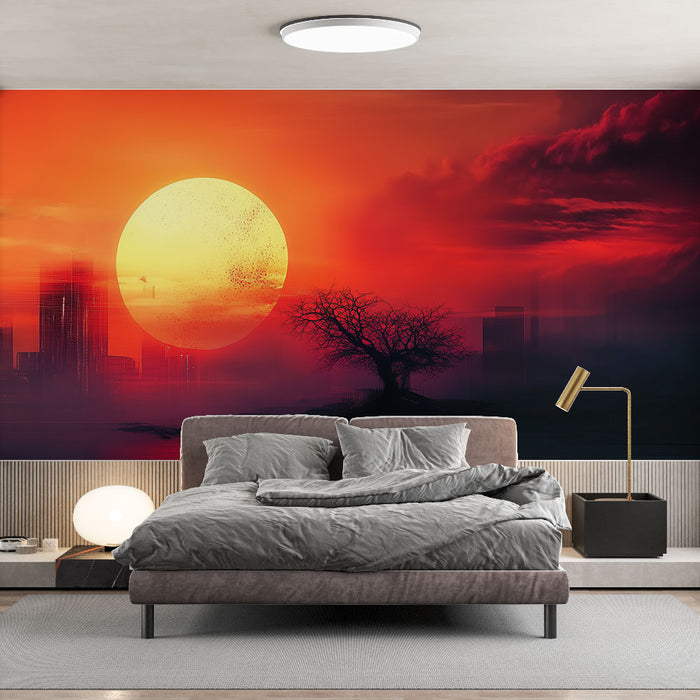 Papier peint panoramique coucher de soleil rouge avec arbre et silhouette de ville pour chambre moderne