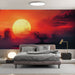 Papier peint panoramique coucher de soleil rouge avec arbre et silhouette de ville pour chambre moderne