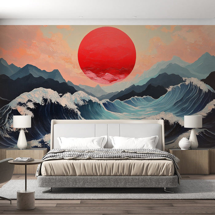 Papier peint océan | Vagues déferlantes et coucher de soleil rouge