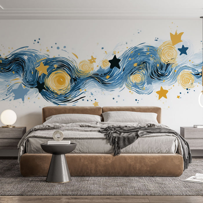 Papier peint abstrait étoiles | Design ondulé bleu et doré