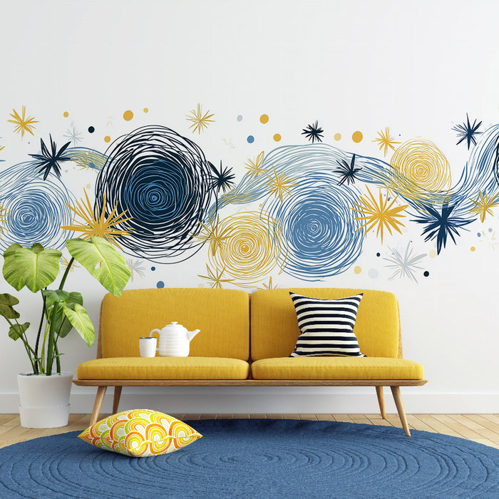 Papier peint abstrait | Tourbillons Bleus et Étoiles Dorées