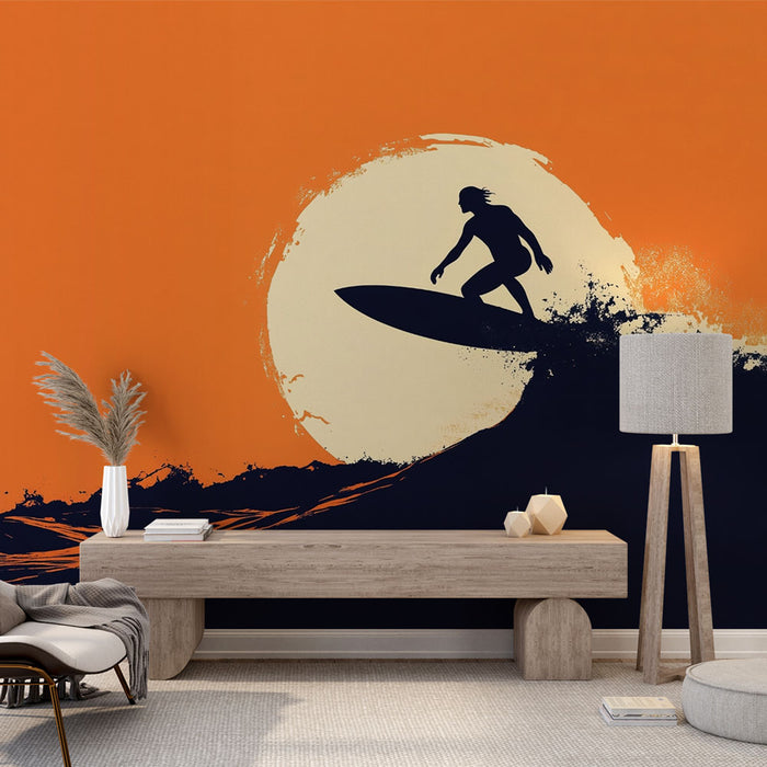 Papier peint surfeur | Silhouette sur une vague au coucher du soleil
