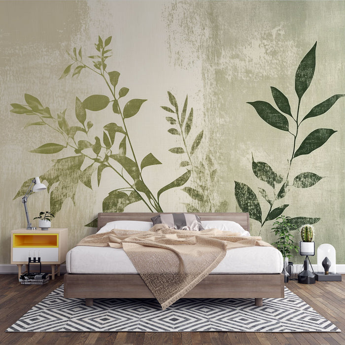 Papier peint vert avec motifs de feuilles pour chambre à coucher moderne