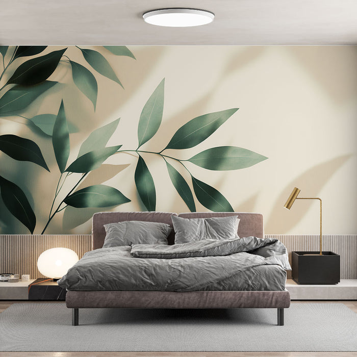 Papier peint mural avec feuilles vertes pour chambre moderne et élégante