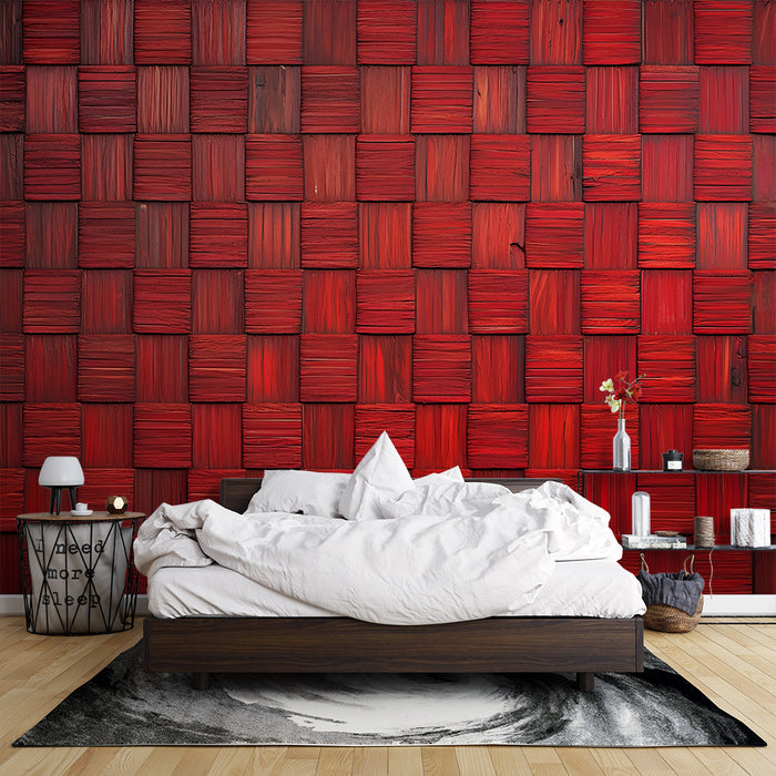 Papier peint rouge texturé | Carrés en relief