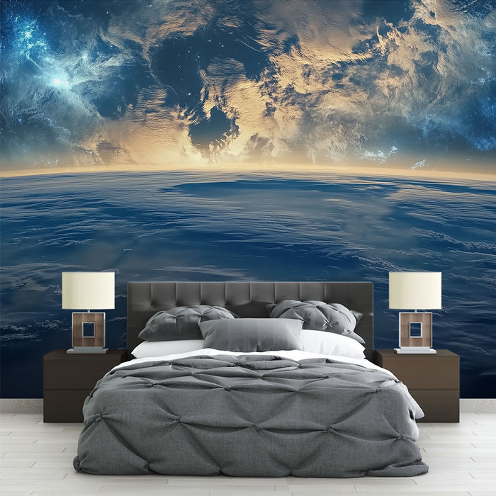 Papier peint panoramique espace avec vue sur la Terre pour chambre moderne