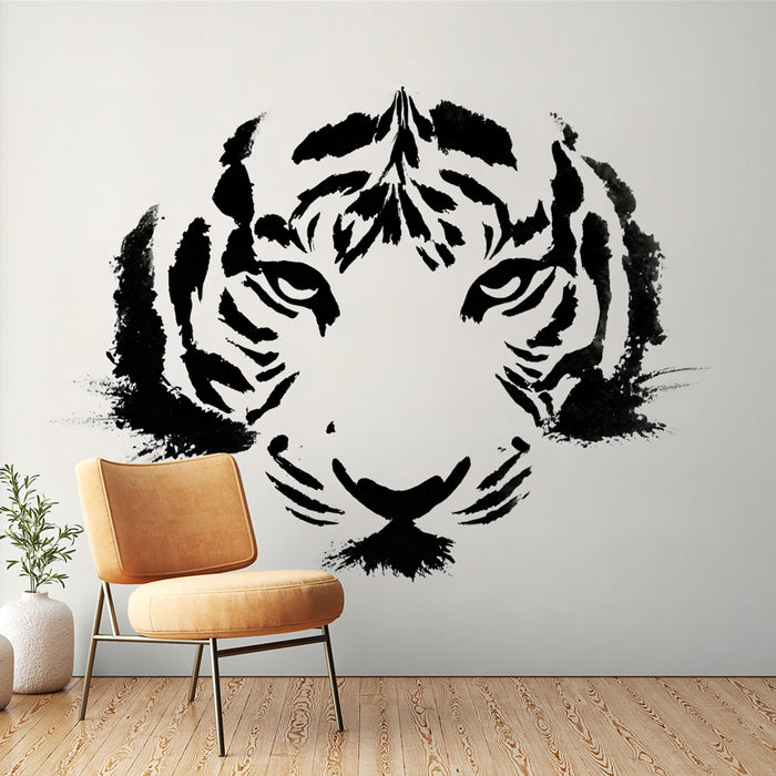 Papier peint tête de tigre | Design artistique noir et blanc